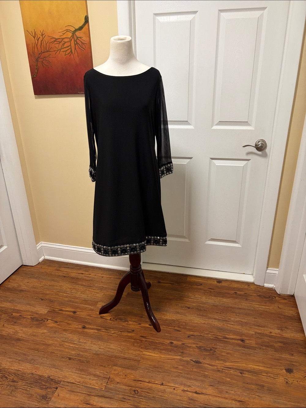 Tiana B. Black Long-Sleeve A-Line Dress with Embellished Hem
